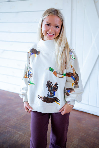 Flying Ducks Mock Neck Sweatshirt, Ivory