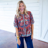 Floral Beauty Tapestry Drawstring Blouse, Blush Pink