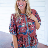 Floral Beauty Tapestry Drawstring Blouse, Blush Pink