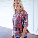 Floral Beauty Tapestry Drawstring Blouse, Blush Pink