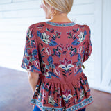 Floral Beauty Tapestry Drawstring Blouse, Blush Pink