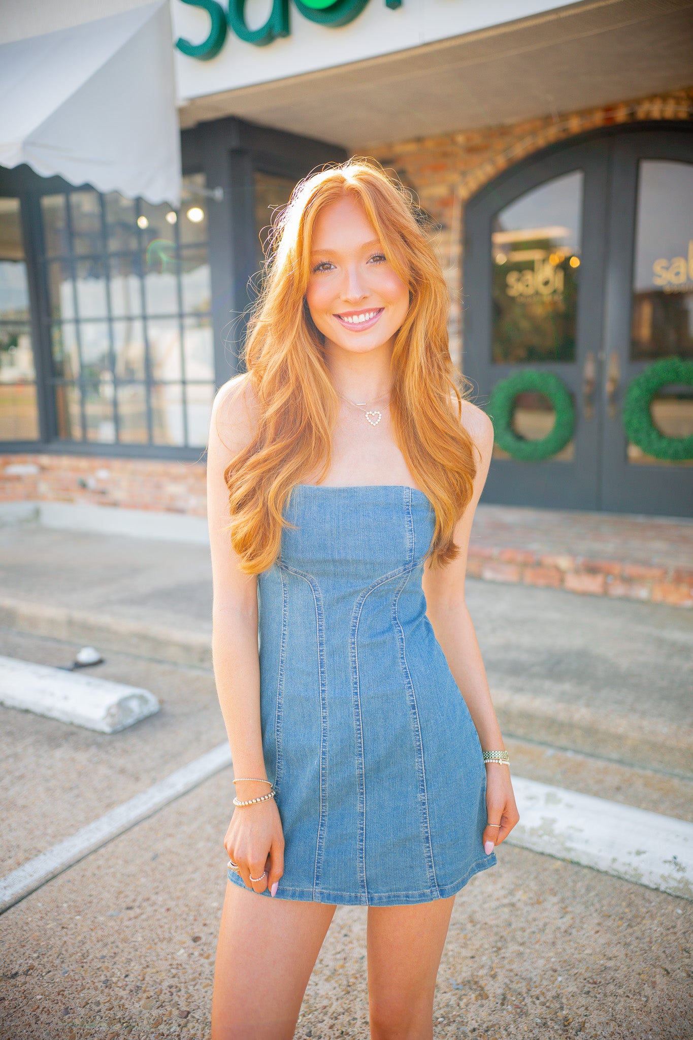 Alexa Denim Mini Dress, Stone Wash Blue