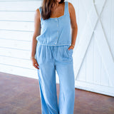 Square Neck Button Front Tank, Ombre Mist Wash