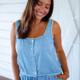 Square Neck Button Front Tank, Ombre Mist Wash