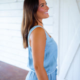 Square Neck Button Front Tank, Ombre Mist Wash