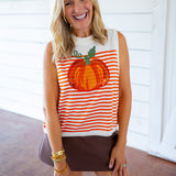 Striped Pumpkin Knit Tank, Ivory & Orange