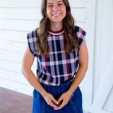 Plaid Perspective Knit Top, Navy