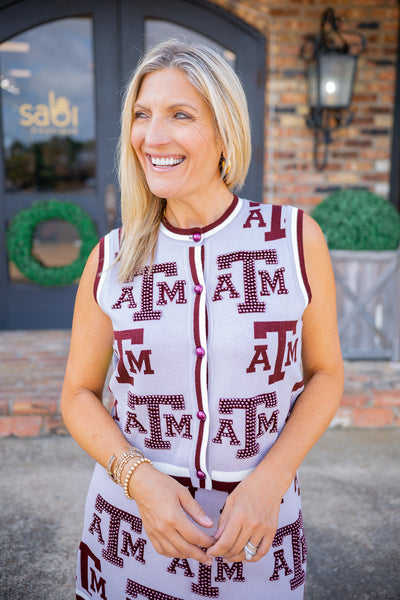 Texas A&M Knit In Rhinestone Button Up Tank