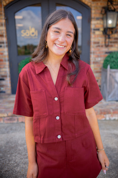 Tailgate Tempo Denim Top, Maroon
