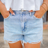High Rise Embellished Denim Short, Light Blue