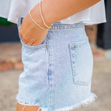 High Rise Embellished Denim Short, Light Blue