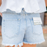 High Rise Embellished Denim Short, Light Blue