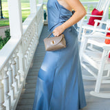 Viridiana Satin Halter Maxi Dress, Steel Blue