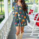 Striped Thanksgiving Icon Collar Cotton Dress, Dark Green & Blue