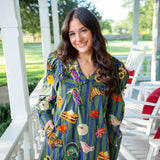 Striped Thanksgiving Icon Collar Cotton Dress, Dark Green & Blue