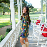 Striped Thanksgiving Icon Collar Cotton Dress, Dark Green & Blue