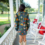 Striped Thanksgiving Icon Collar Cotton Dress, Dark Green & Blue