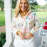 Skeleton Cotton Button Up Top, Beige/Multi