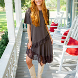 Frosted Lace Layer T-Shirt Dress, Deep Fudge Brown
