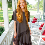 Frosted Lace Layer T-Shirt Dress, Deep Fudge Brown