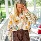 Striped Thanksgiving Icon Cotton Button Up Top, Beige