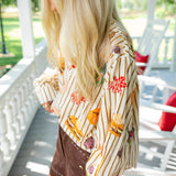 Striped Thanksgiving Icon Cotton Button Up Top, Beige