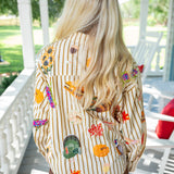 Striped Thanksgiving Icon Cotton Button Up Top, Beige