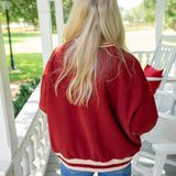 Rhinestone "Stuffed" Sweatshirt, Maroon and Ivory