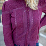 Casetta Lace Puff Shoulder Top, Faded Merlot