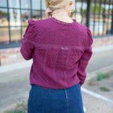 Casetta Lace Puff Shoulder Top, Faded Merlot