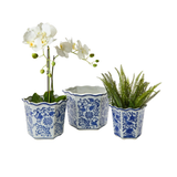 Blue Willow Hand-Painted Chinoiserie Blue and White Floral Hexagon Shape Planters