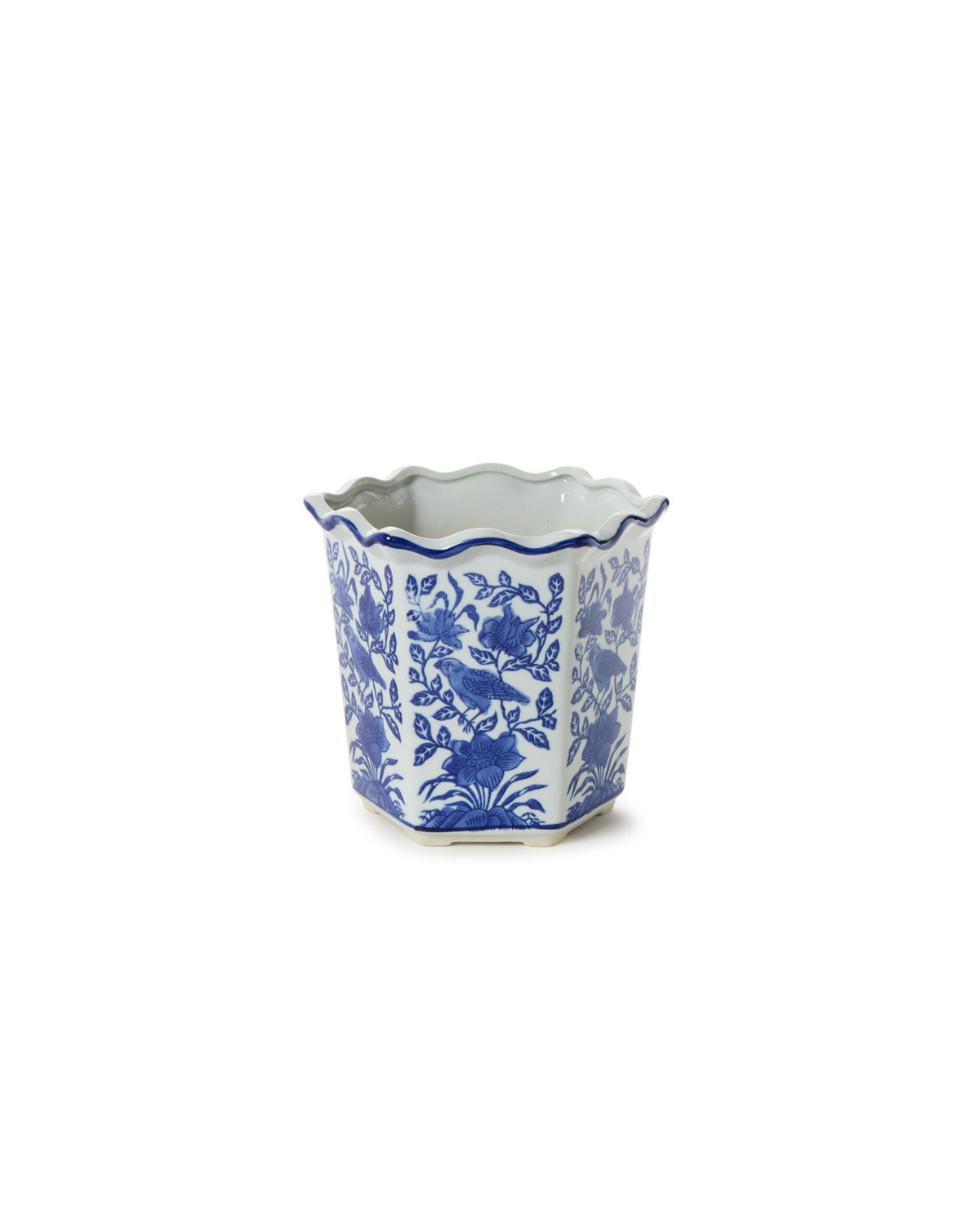 Blue Willow Hand-Painted Chinoiserie Blue and White Floral Hexagon Shape Planters