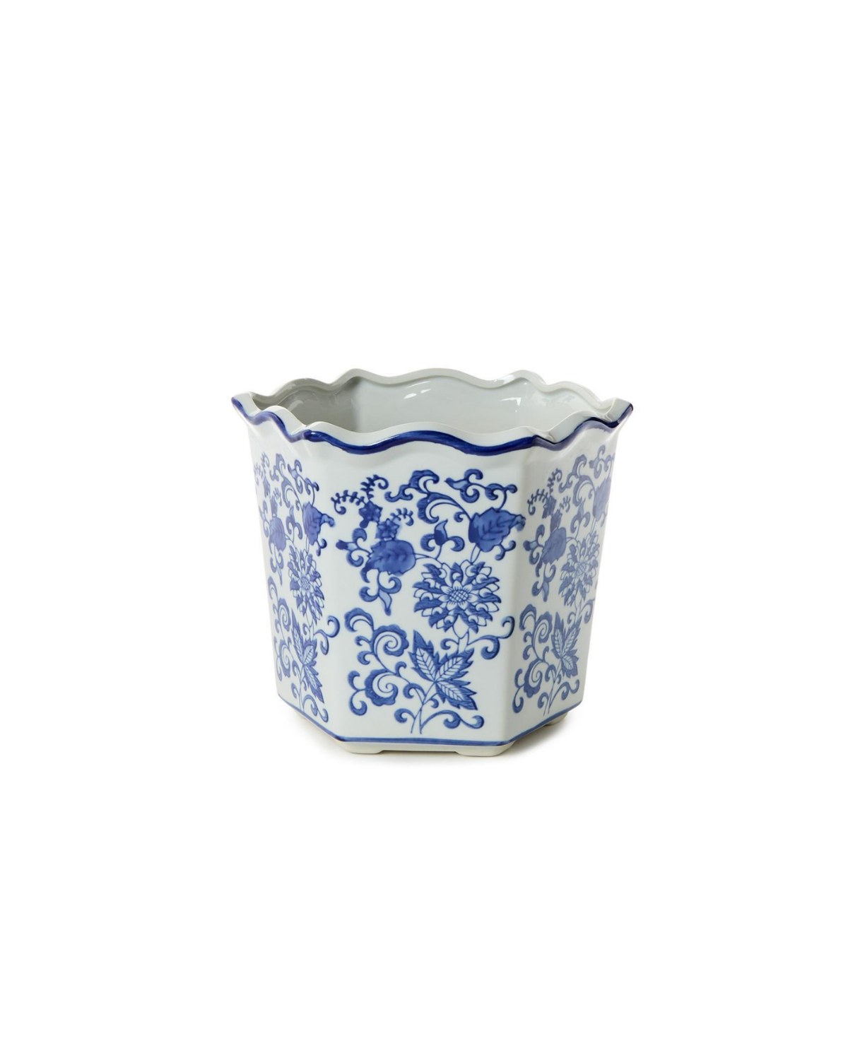 Blue Willow Hand-Painted Chinoiserie Blue and White Floral Hexagon Shape Planters