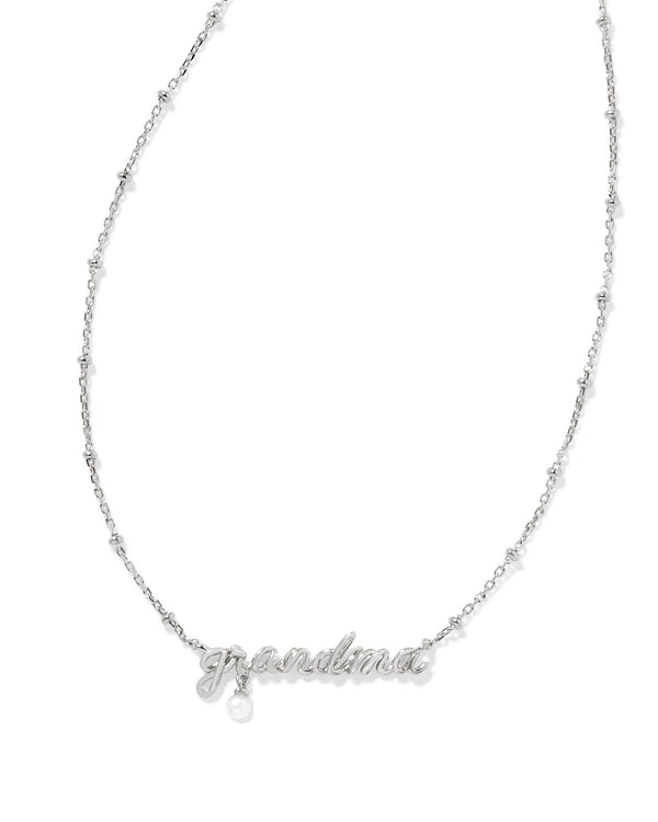 Grandma Silver Script Pendant Necklace in White Pearl