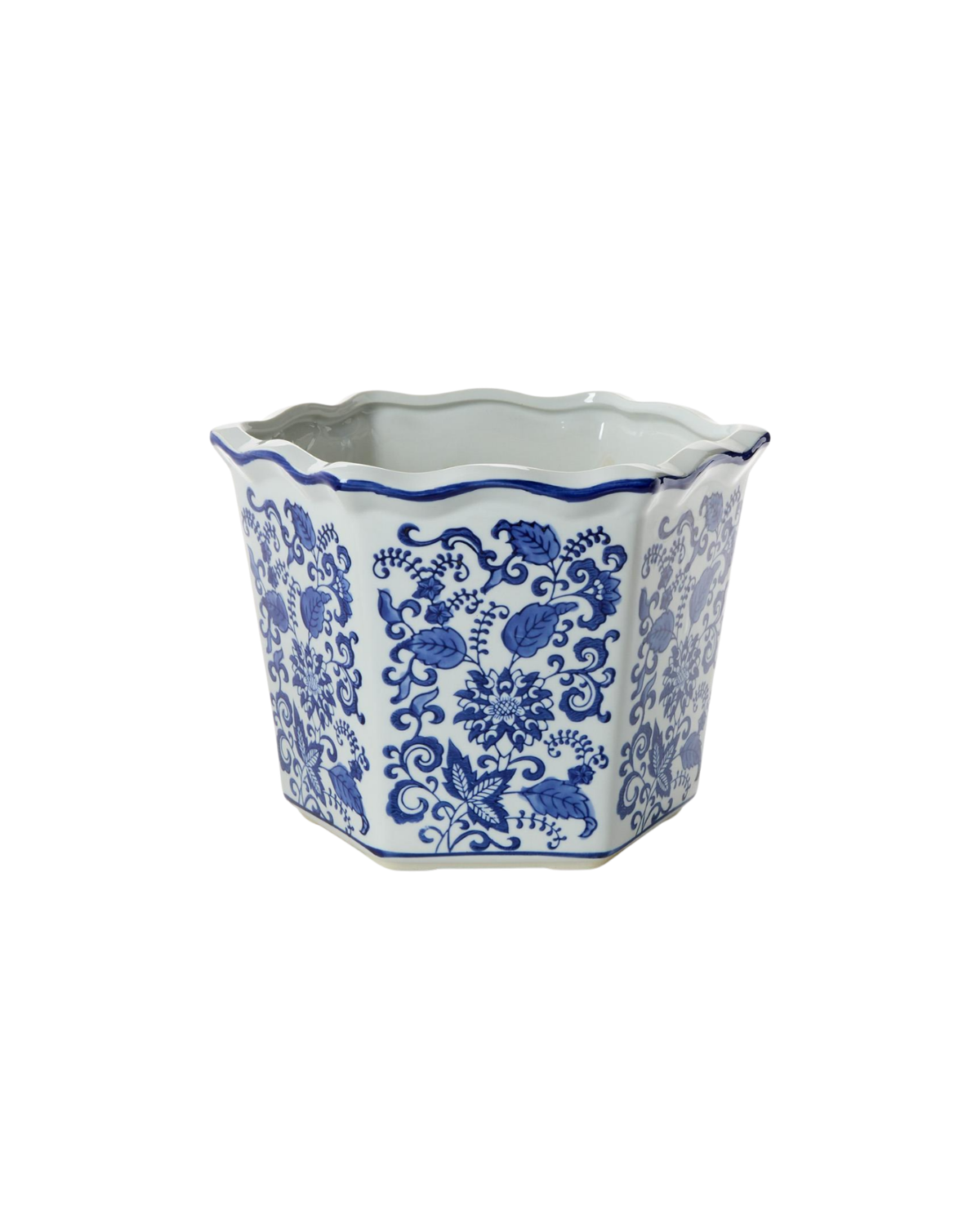 Blue Willow Hand-Painted Chinoiserie Blue and White Floral Hexagon Shape Planters