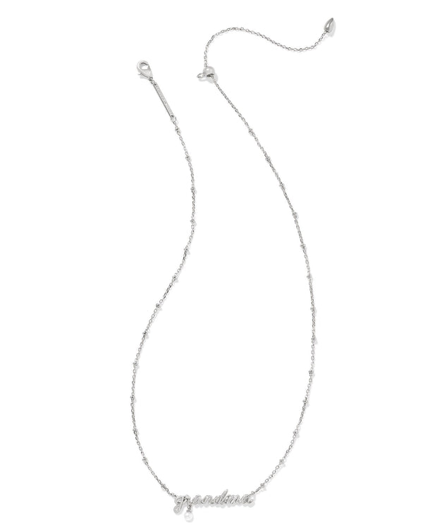 Grandma Silver Script Pendant Necklace in White Pearl