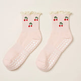 Cherry Ruffle Grip Sock, Baby Pink