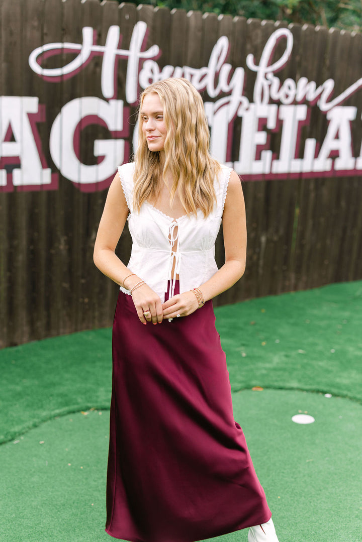 Rush The Field Satin Midi Skirt, Maroon