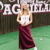 Rush The Field Satin Midi Skirt, Maroon