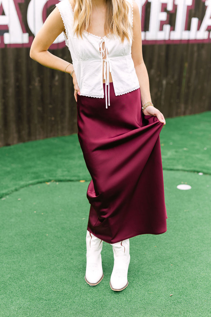 Rush The Field Satin Midi Skirt, Maroon