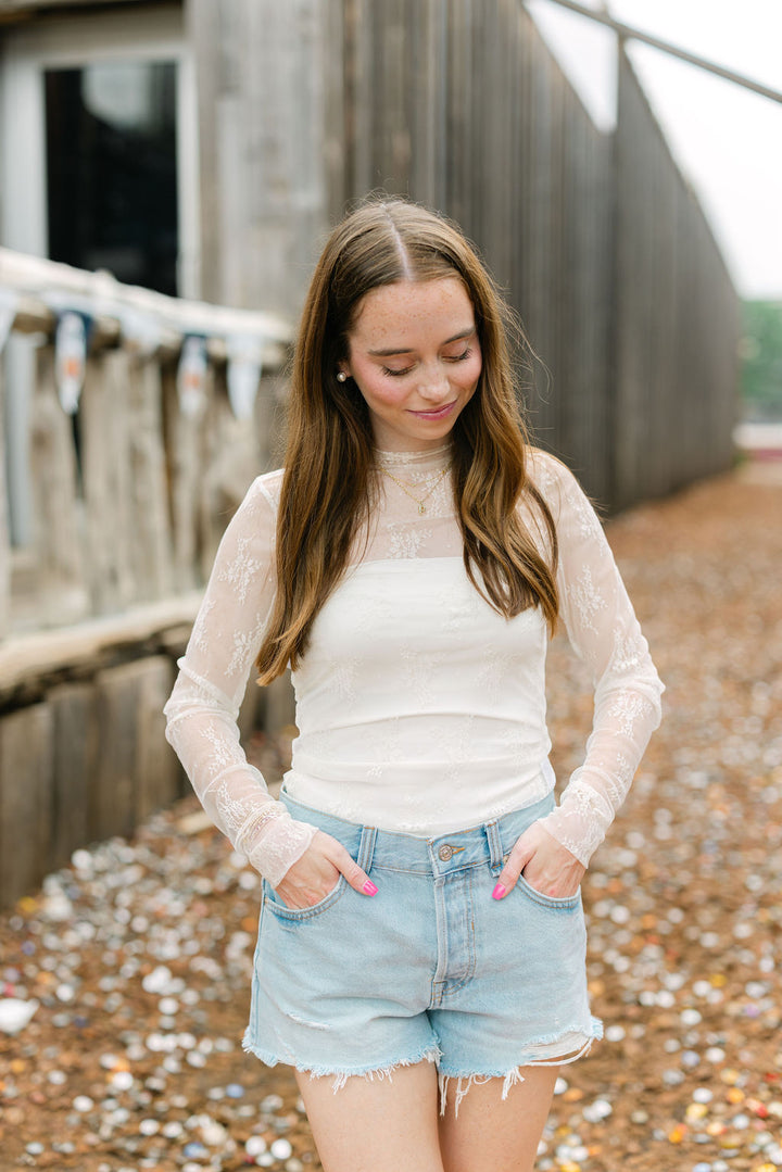 Gametime Lace Mockneck Top, Cream