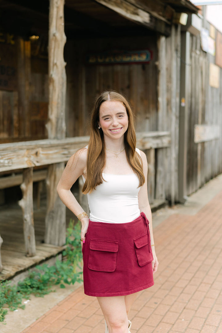 Glow Up Denim Mini Skort, Maroon