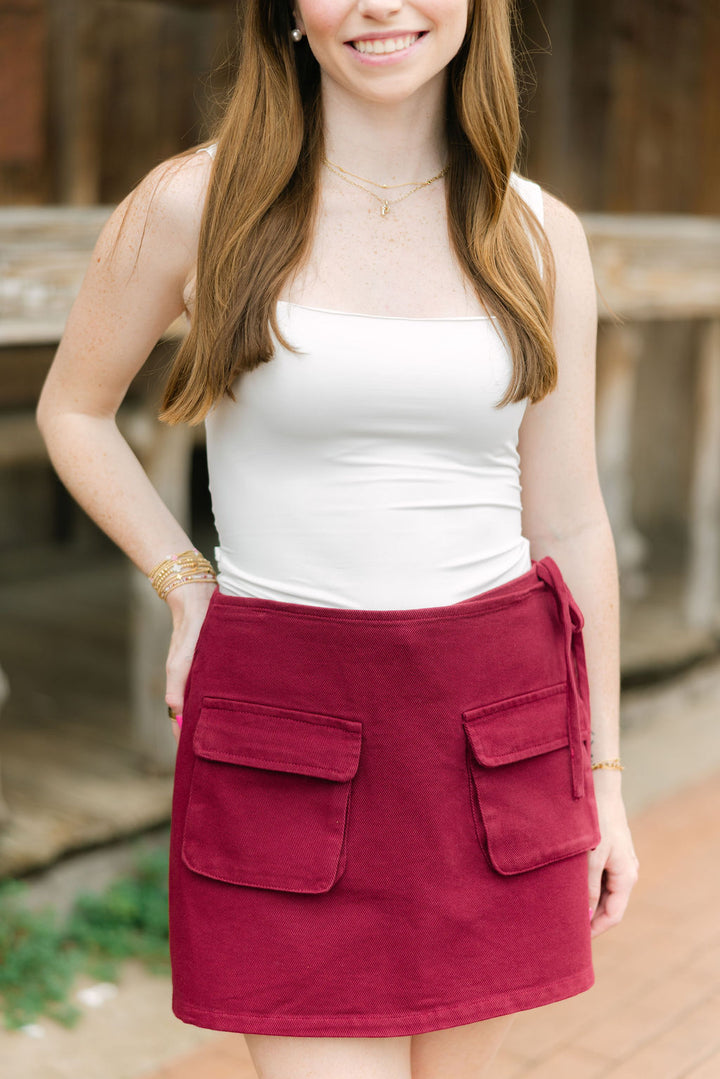 Glow Up Denim Mini Skort, Maroon