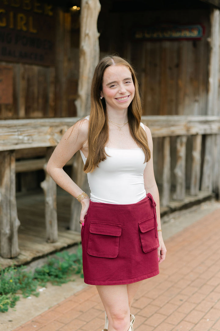 Glow Up Denim Mini Skort, Maroon