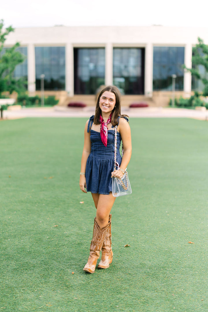 No Fumbles Here Denim Romper, Dark Wash