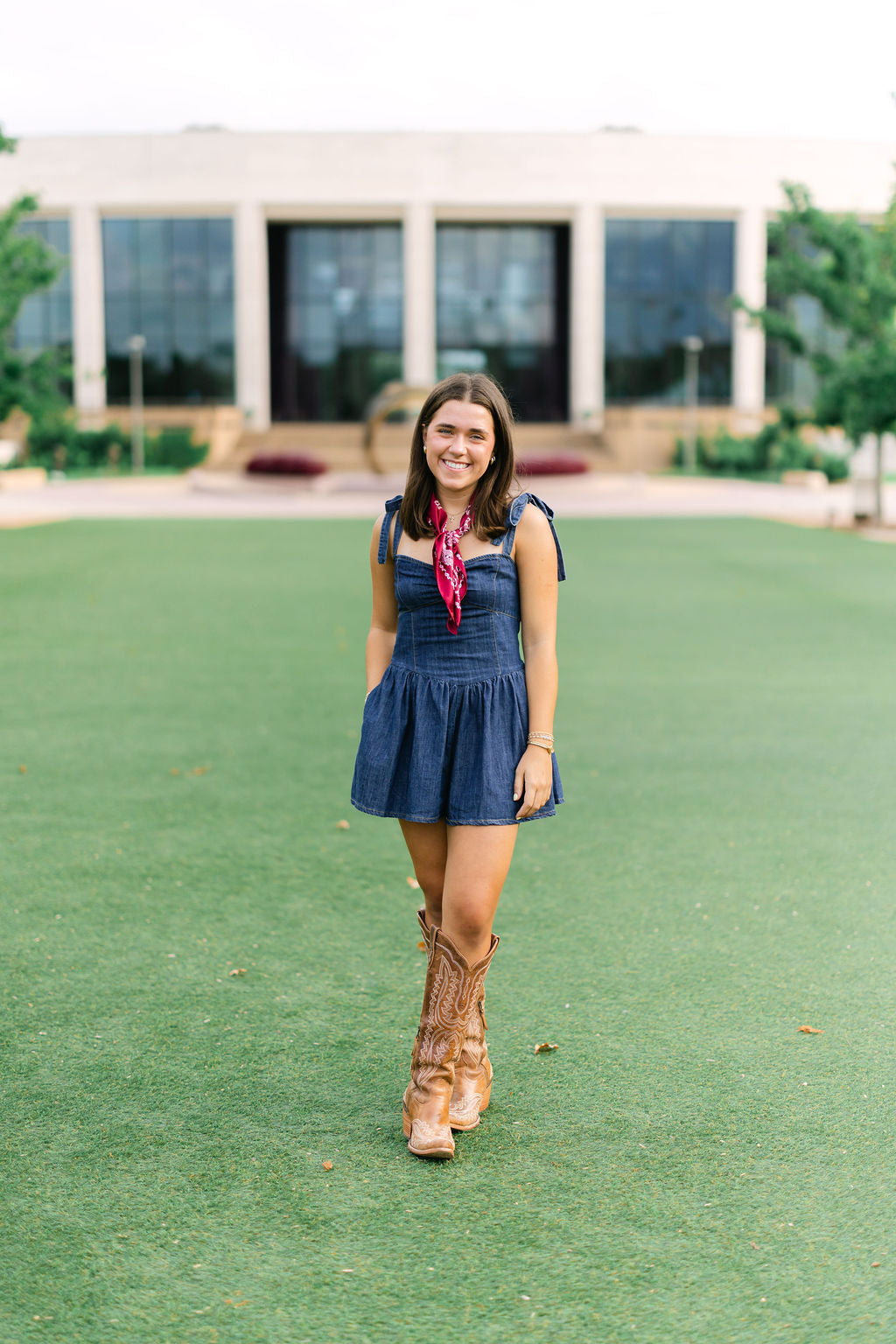 No Fumbles Here Denim Romper, Dark Wash