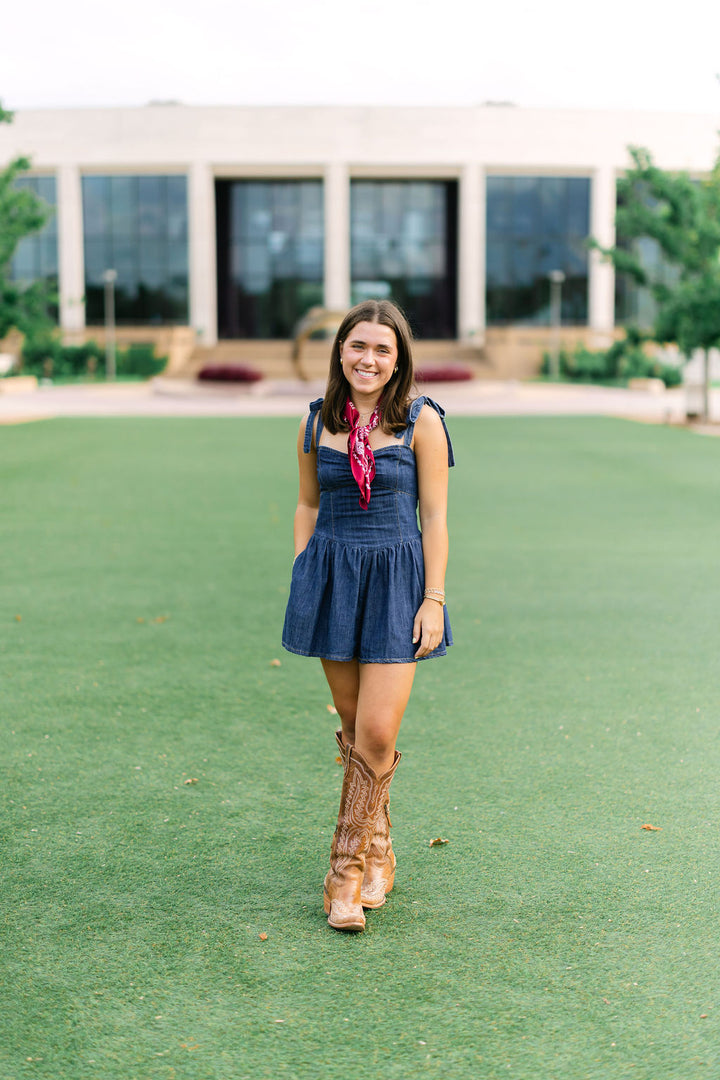 No Fumbles Here Denim Romper, Dark Wash