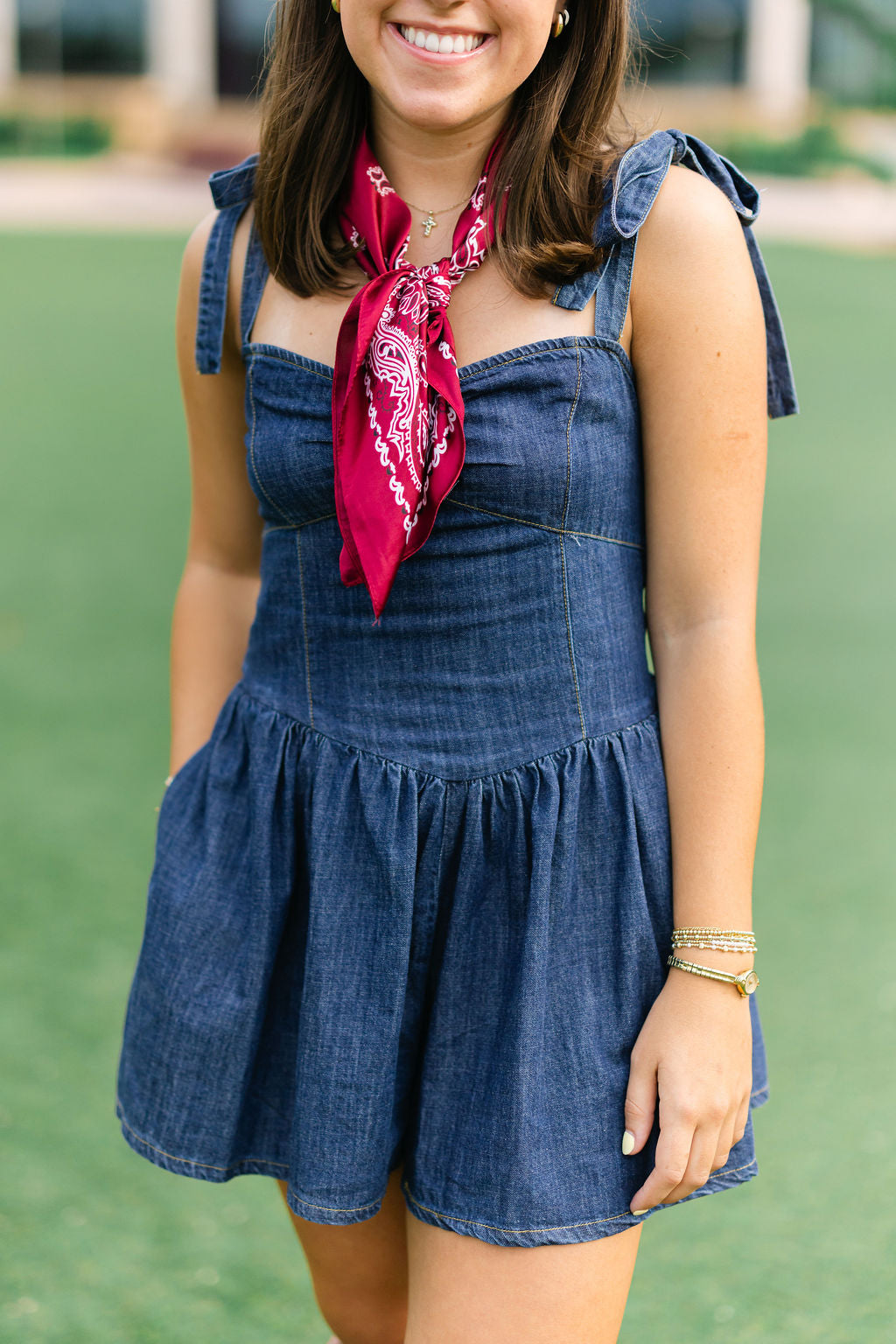 No Fumbles Here Denim Romper, Dark Wash