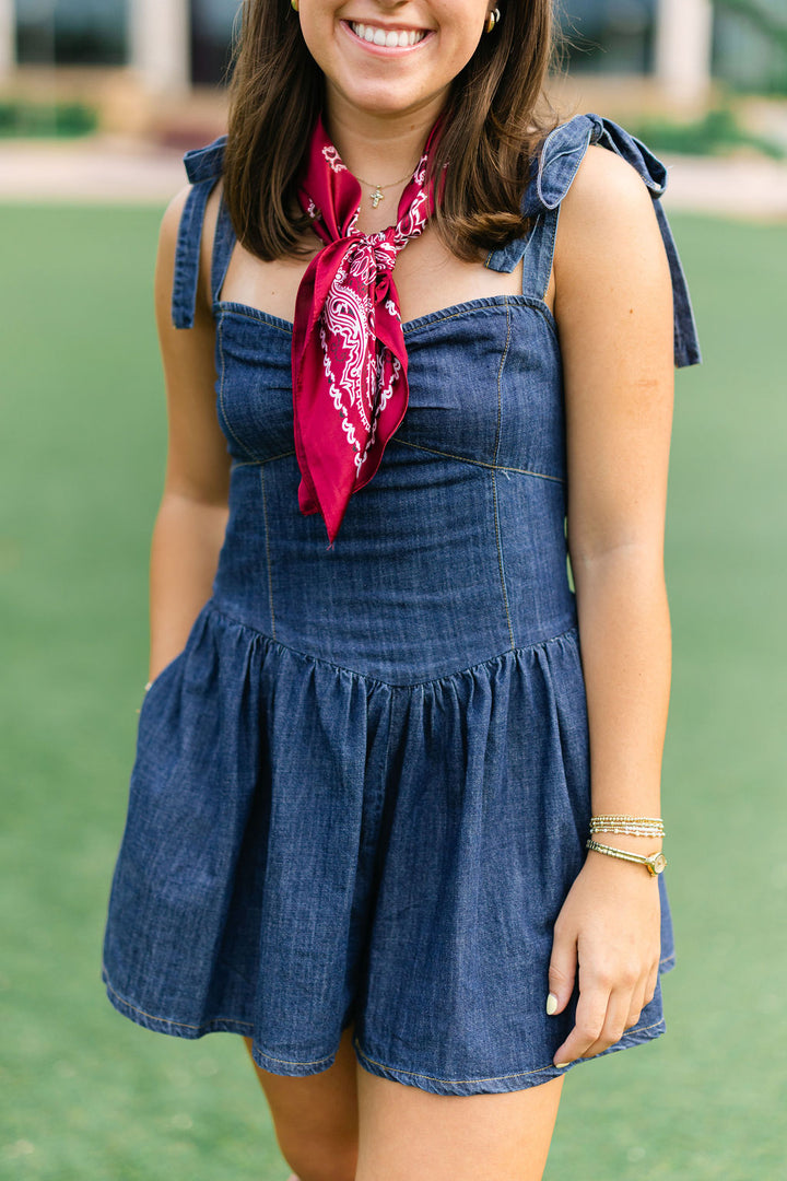 No Fumbles Here Denim Romper, Dark Wash