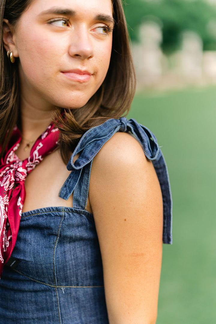 No Fumbles Here Denim Romper, Dark Wash